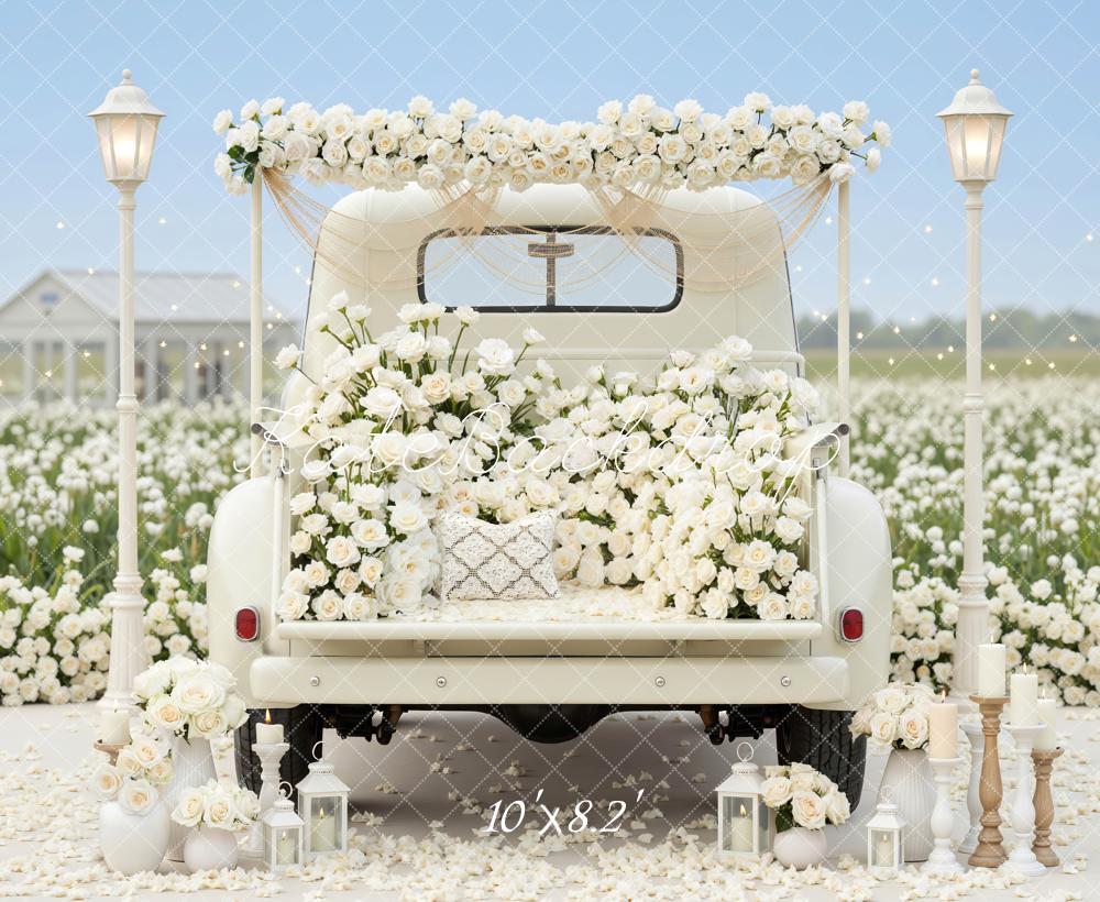 Kate Wedding Truck White Roses Field Backdrop Designed by Mini MakeBelieve - Image 6