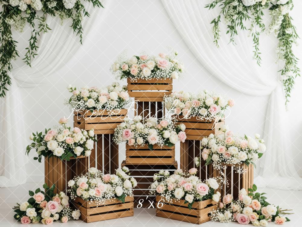 Kate Wedding Wooden Crates Floral White Drapes Backdrop Designed by Patty Robert - Image 3