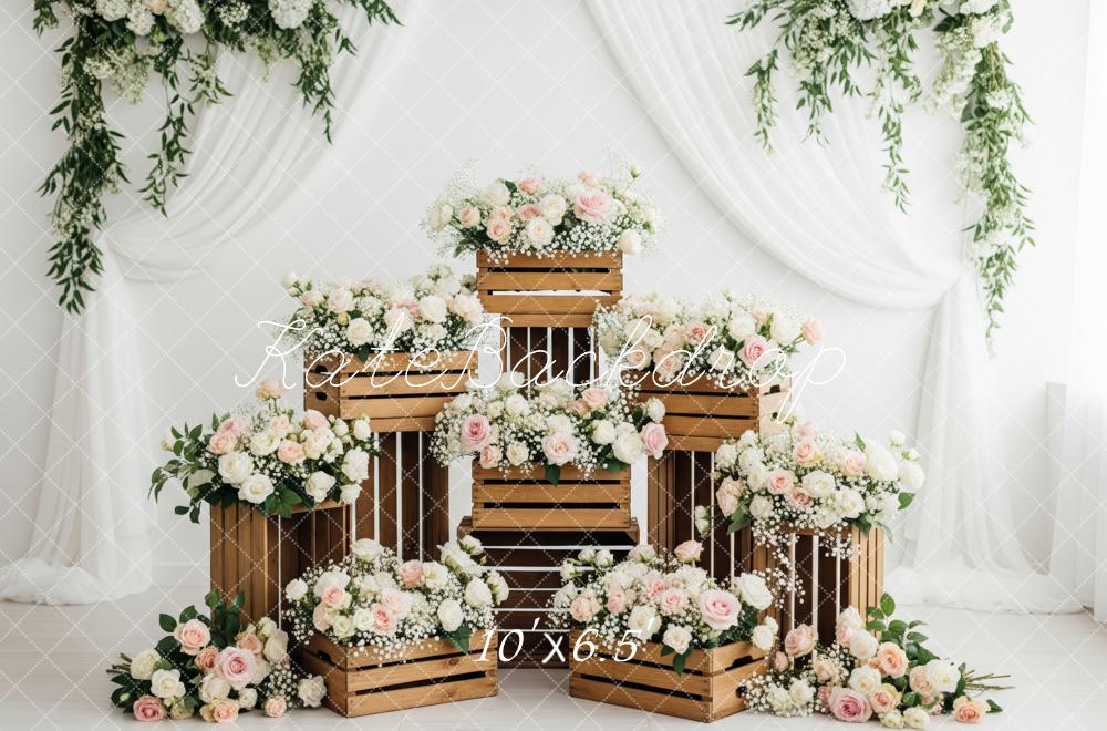 Kate Wedding Wooden Crates Floral White Drapes Backdrop Designed by Patty Robert - Image 4