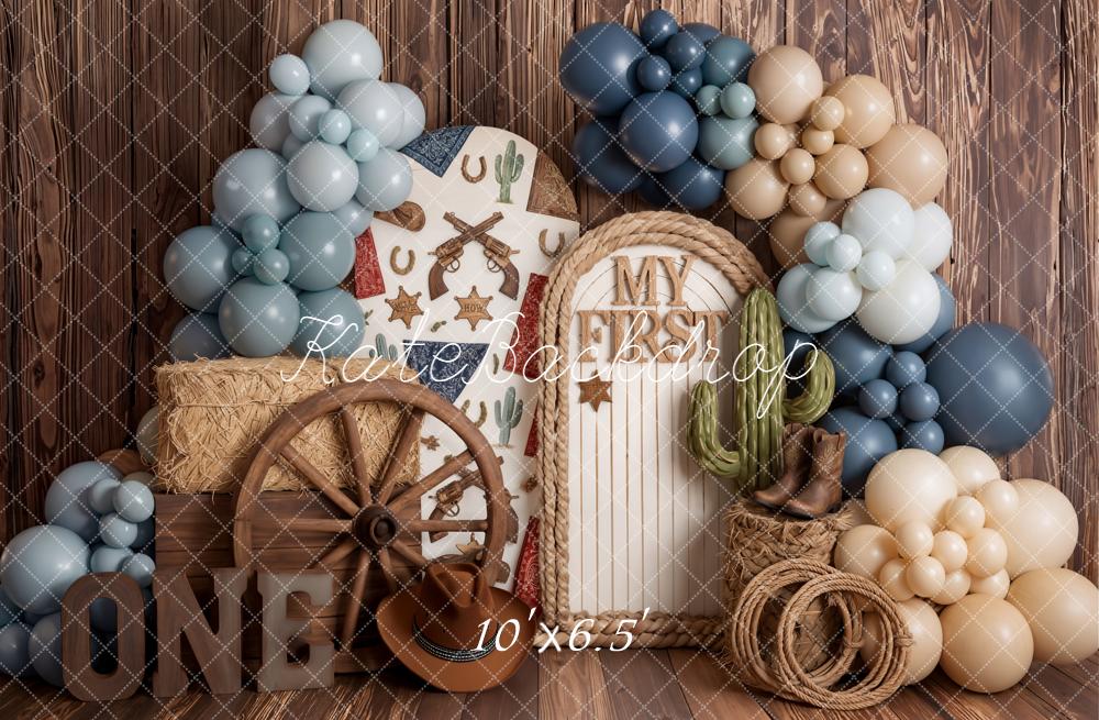 Kate Western Cowboy Cactus Wagon Wheel Balloons Fleece Backdrop Designed by Emetselch - Image 2