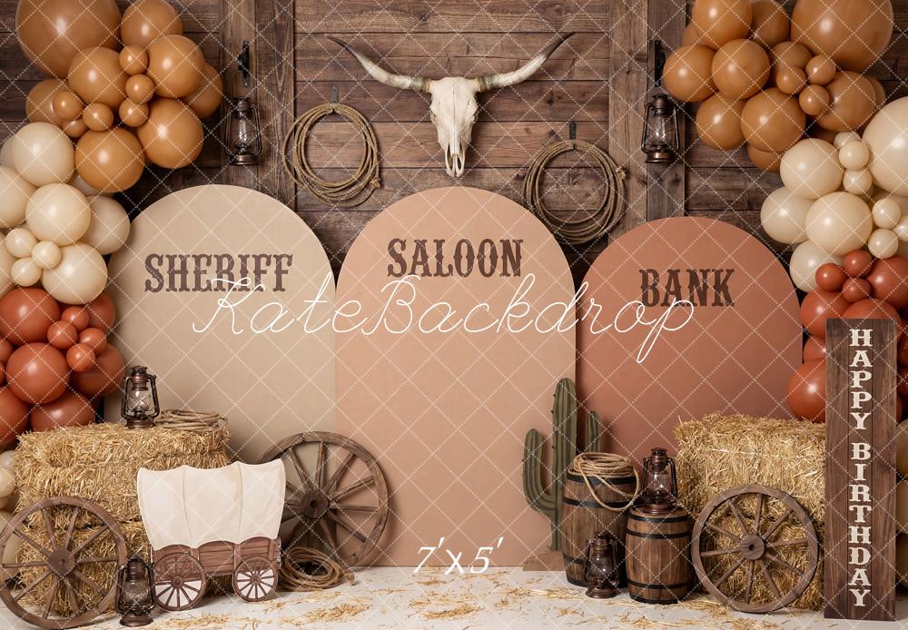 Kate Western Saloon Wagon Hay Balloons Backdrop Designed by Patty Robert