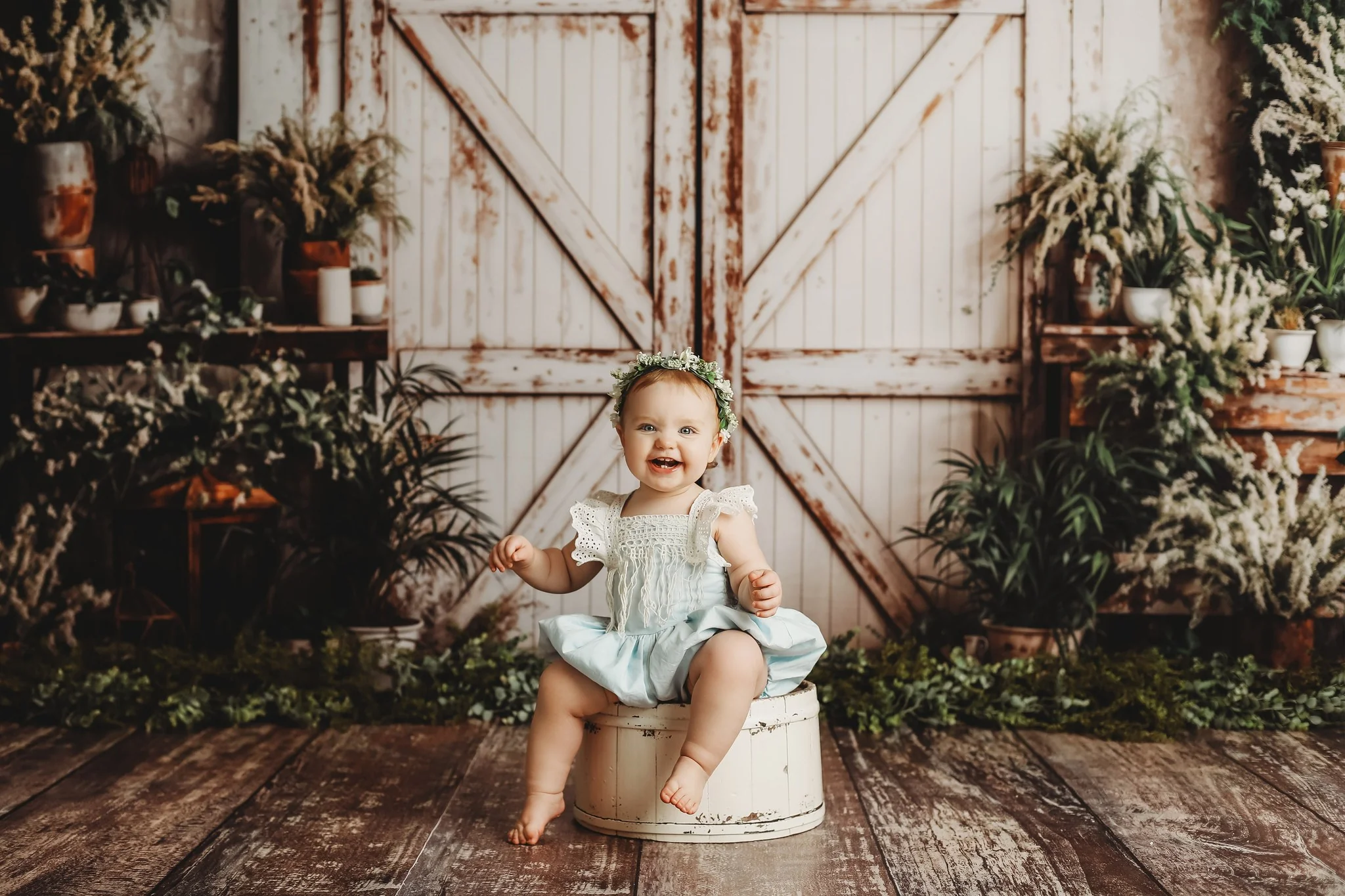 Kate Spring White Barn Door With Green Plants Backdrop Designed by Emetselch - Image 3