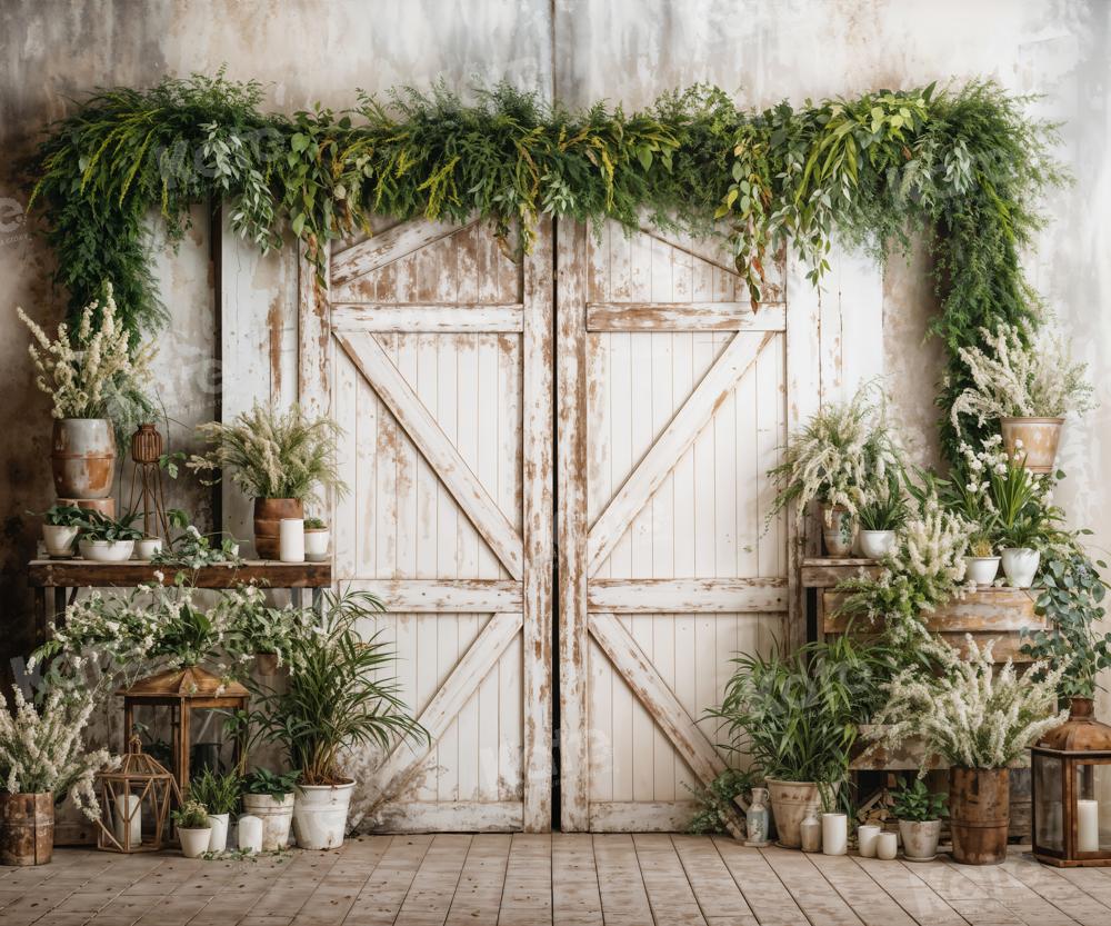 Kate Spring White Barn Door With Green Plants Backdrop Designed by Emetselch - Image 7