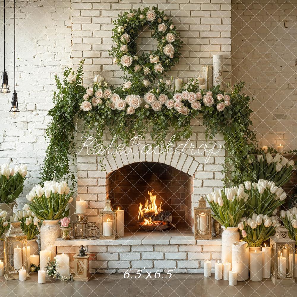 Kate White Brick Fireplace Floral Candles Backdrop Designed by Emetselch - Image 2