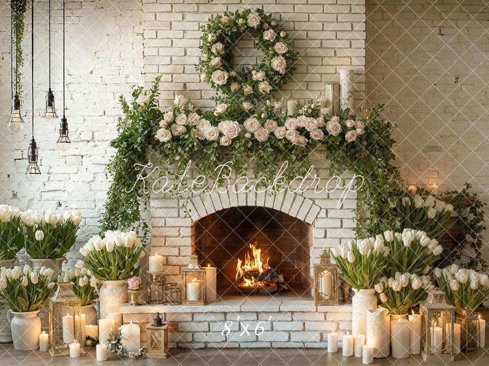 Kate White Brick Fireplace Floral Candles Backdrop Designed by Emetselch - Image 3
