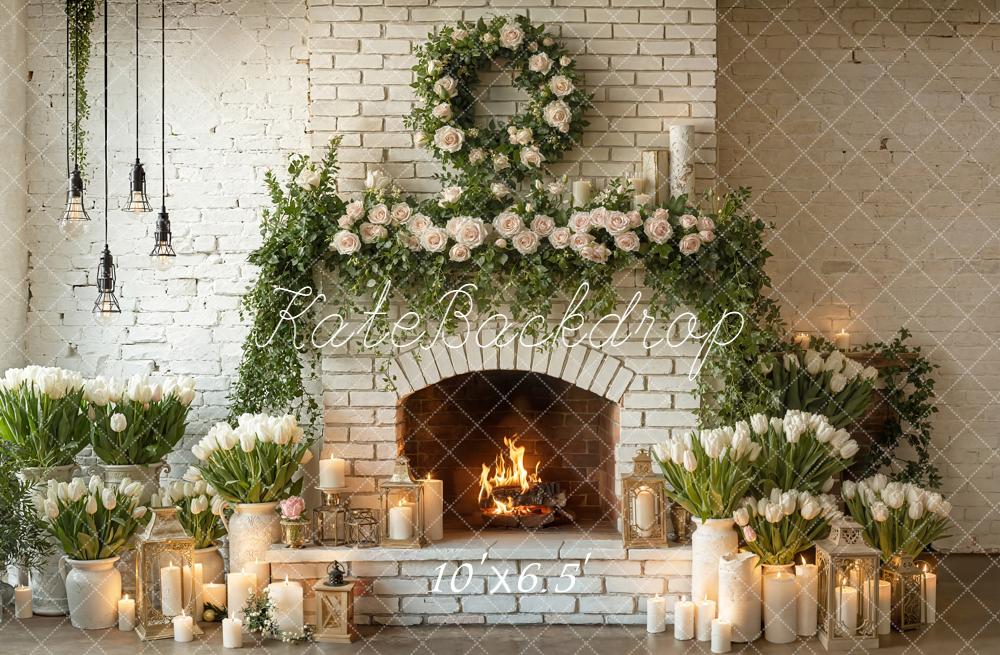 Kate White Brick Fireplace Floral Candles Backdrop Designed by Emetselch - Image 4