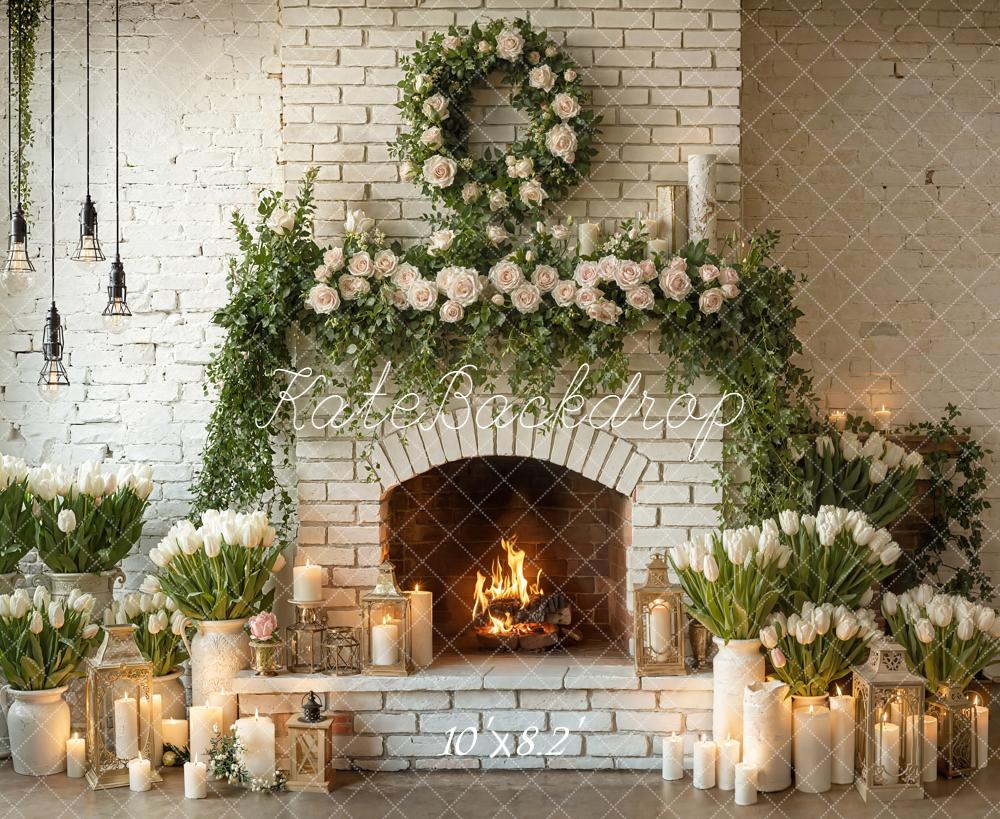 Kate White Brick Fireplace Floral Candles Backdrop Designed by Emetselch - Image 6