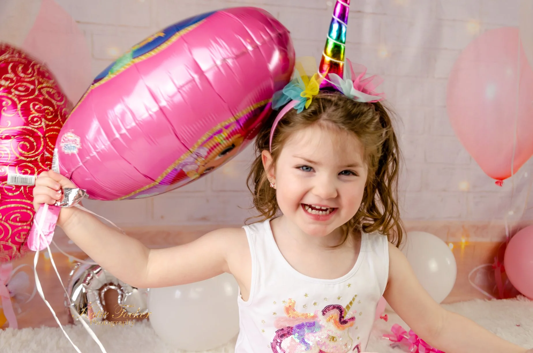 Kate White Brick Wall Pink Balloons and Decorations Girl Birthday Backdrop for cake smash - Image 5
