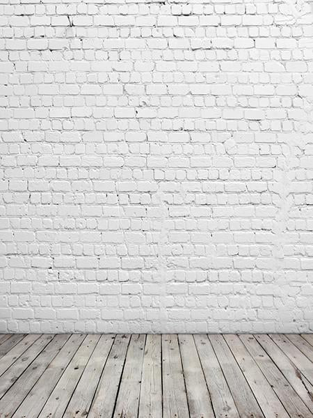 Kate White Bricks Wall Background with wood Floor Backdrop