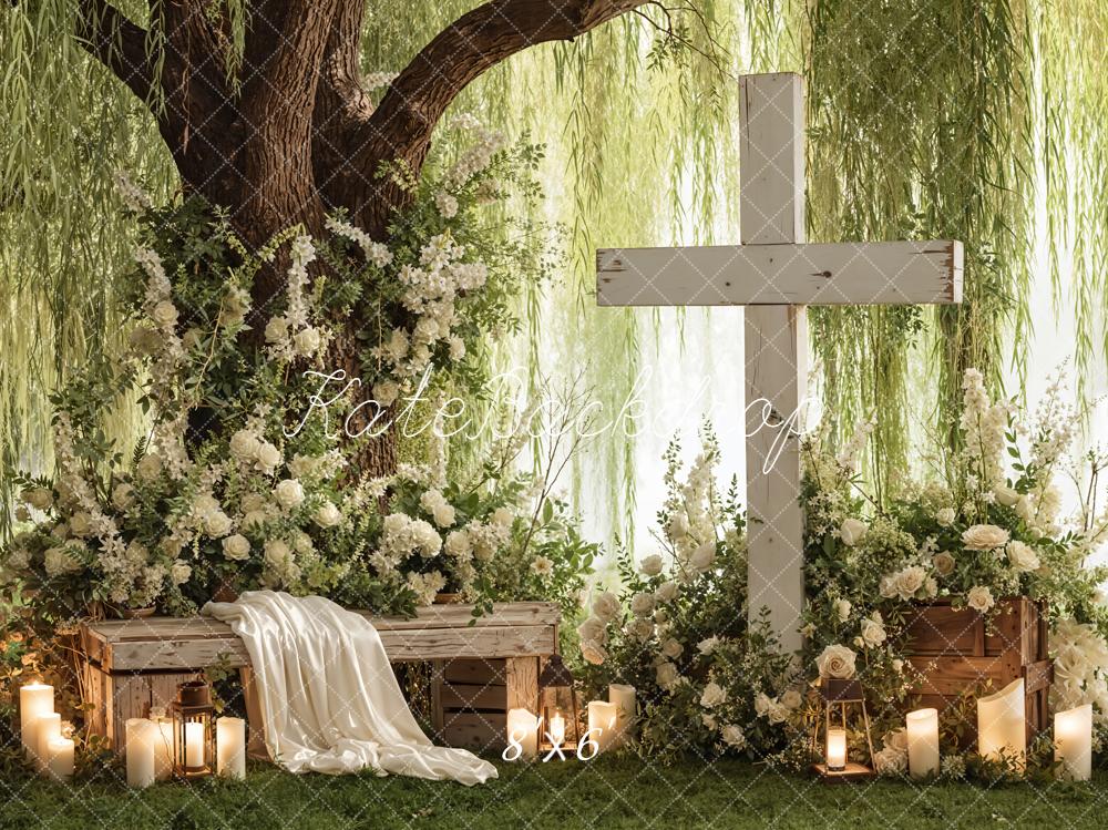 Kate White Cross Willow Tree Floral Bench Backdrop Designed by Emetselch - Image 3