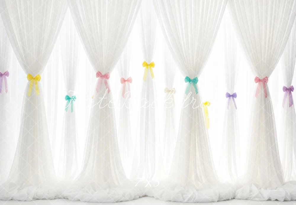 Kate White Sheer Curtains Colourful Bows Backdrop Designed by Patty Robert