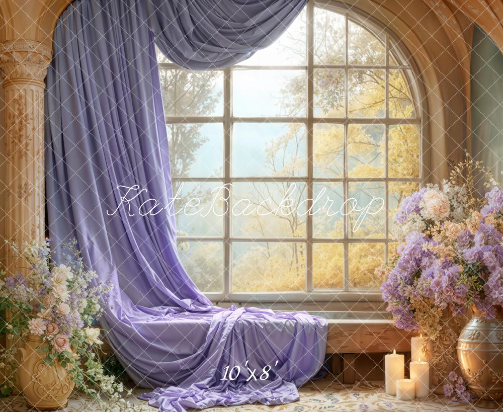 Kate Window Purple Drapes Floral Fleece Backdrop Designed by Emetselch - Image 3