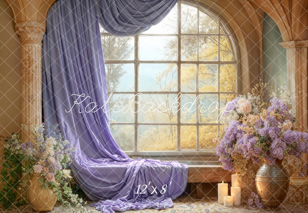Kate Window Purple Drapes Floral Fleece Backdrop Designed by Emetselch - Image 4