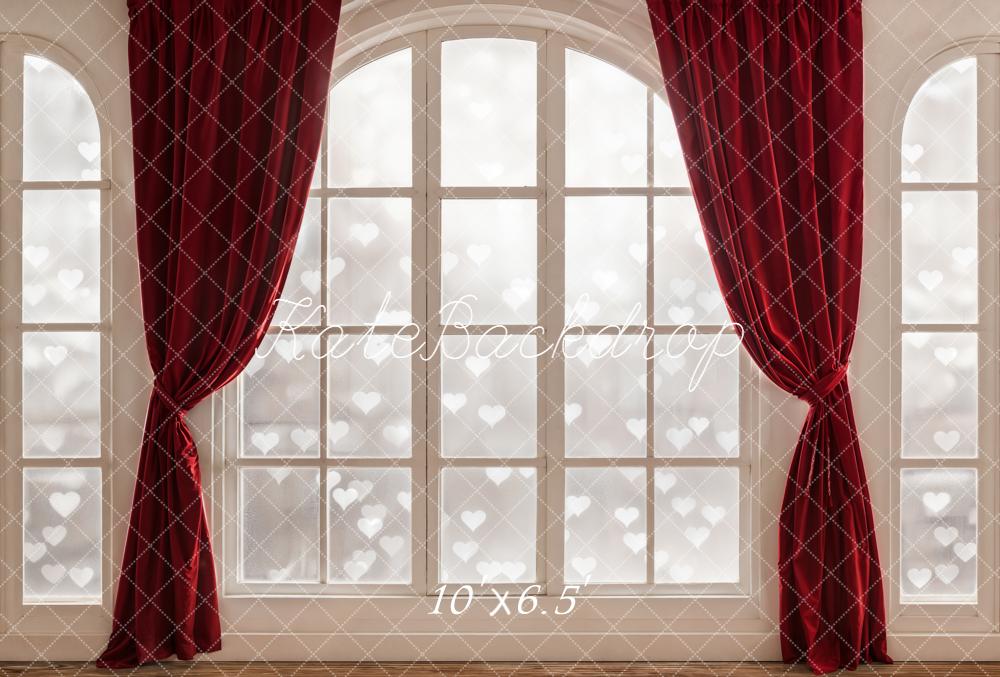 Kate Window Red Curtains Heart Pattern Fleece Backdrop Designed by Emetselch - Image 2