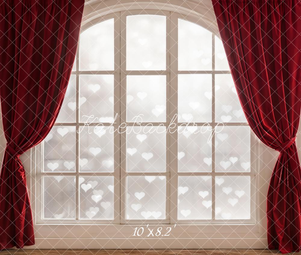 Kate Window Red Curtains Heart Pattern Fleece Backdrop Designed by Emetselch - Image 3