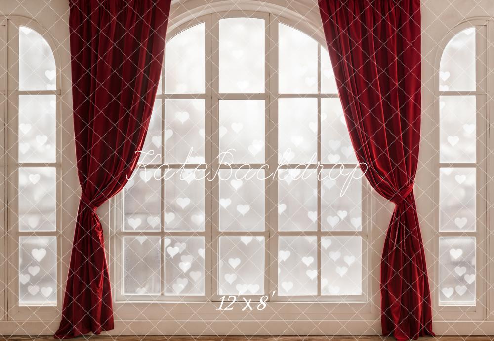 Kate Window Red Curtains Heart Pattern Fleece Backdrop Designed by Emetselch - Image 4