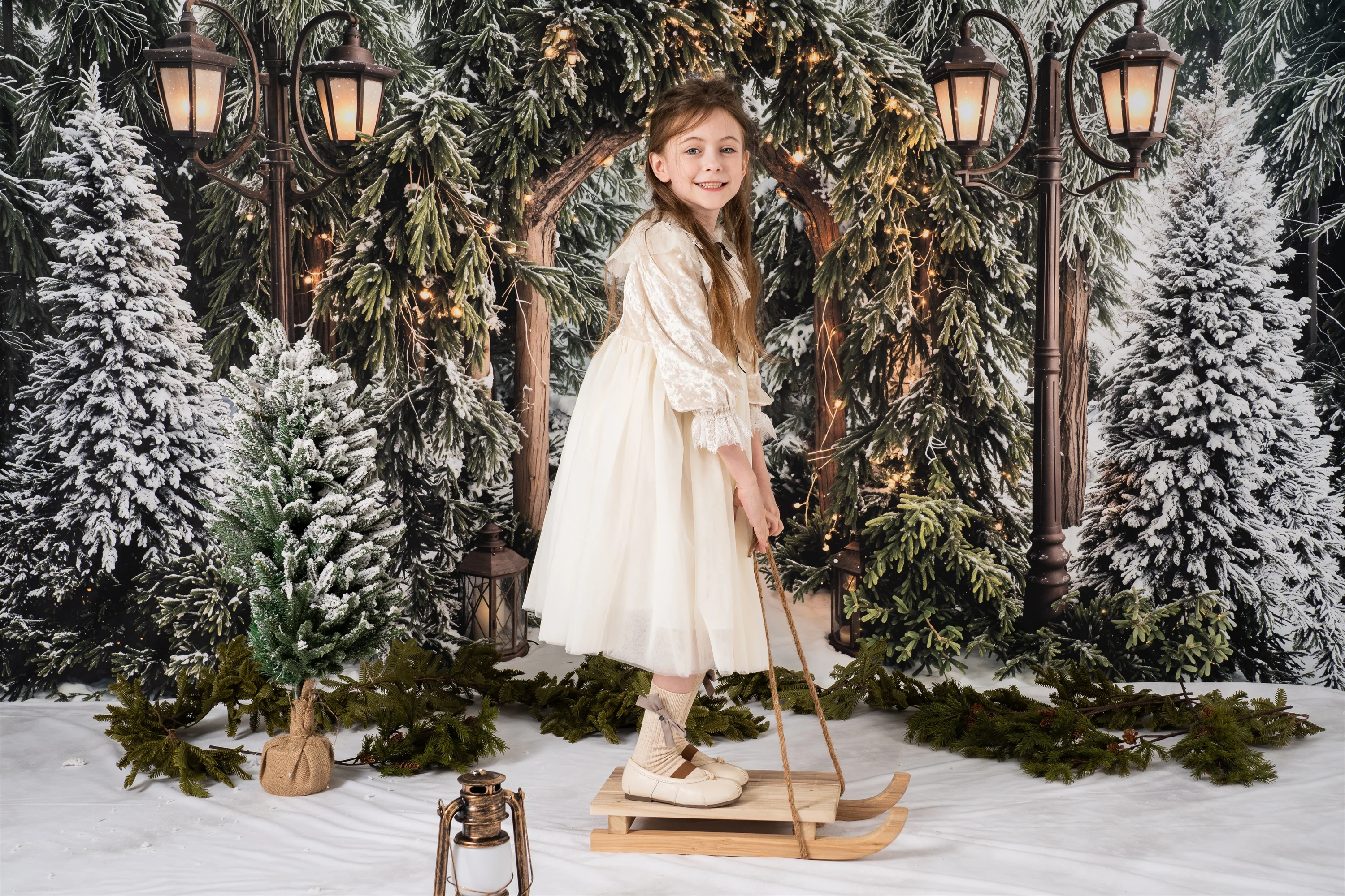 Kate Winter Arch Lamp Post Snow Trees Backdrop+Snow Texture White Backdrop