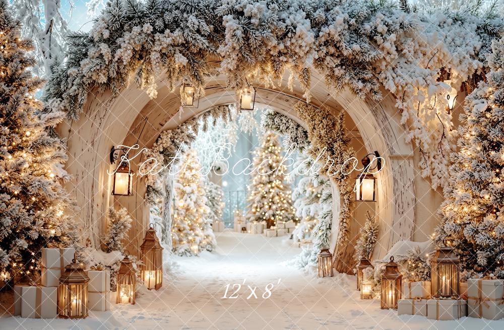 Kate Winter Archway Snowy Trees Lanterns Fleece Backdrop Designed by Emetselch - Image 4
