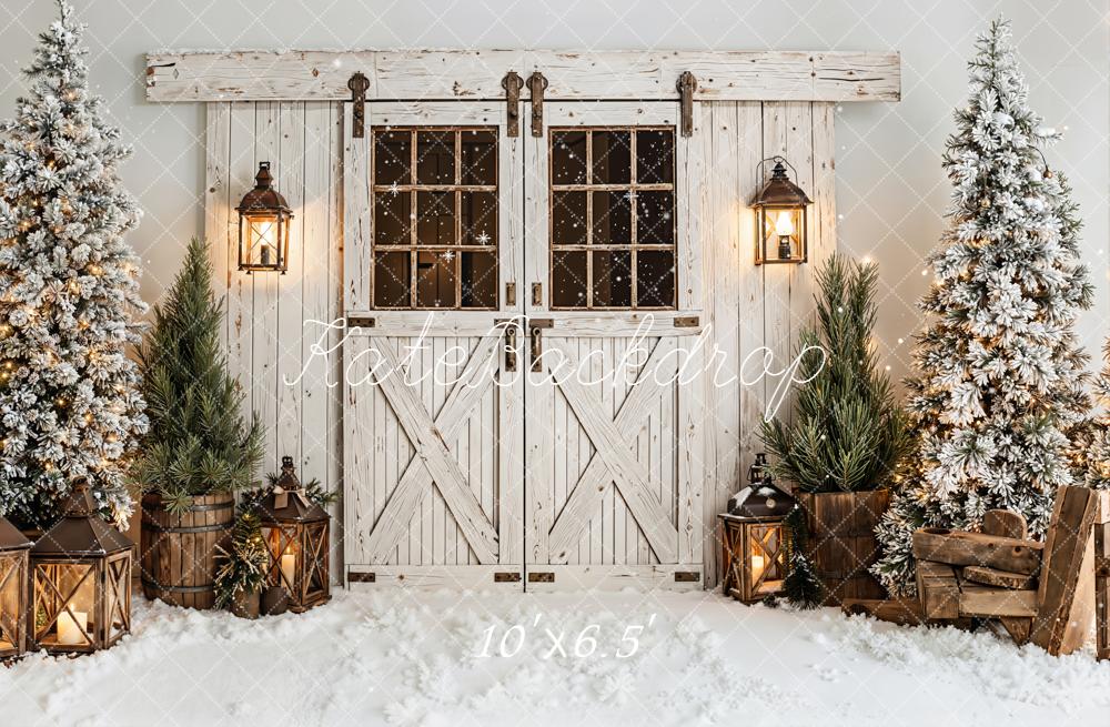 Kate Winter Barn Door Snow Lanterns Fleece Backdrop Designed by Emetselch - Image 2