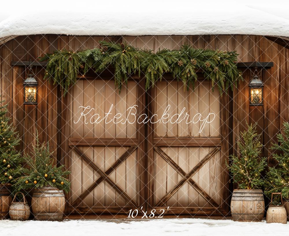 Kate Winter Barn Door Pine Trees Lanterns Fleece Backdrop Designed by Emetselch - Image 3