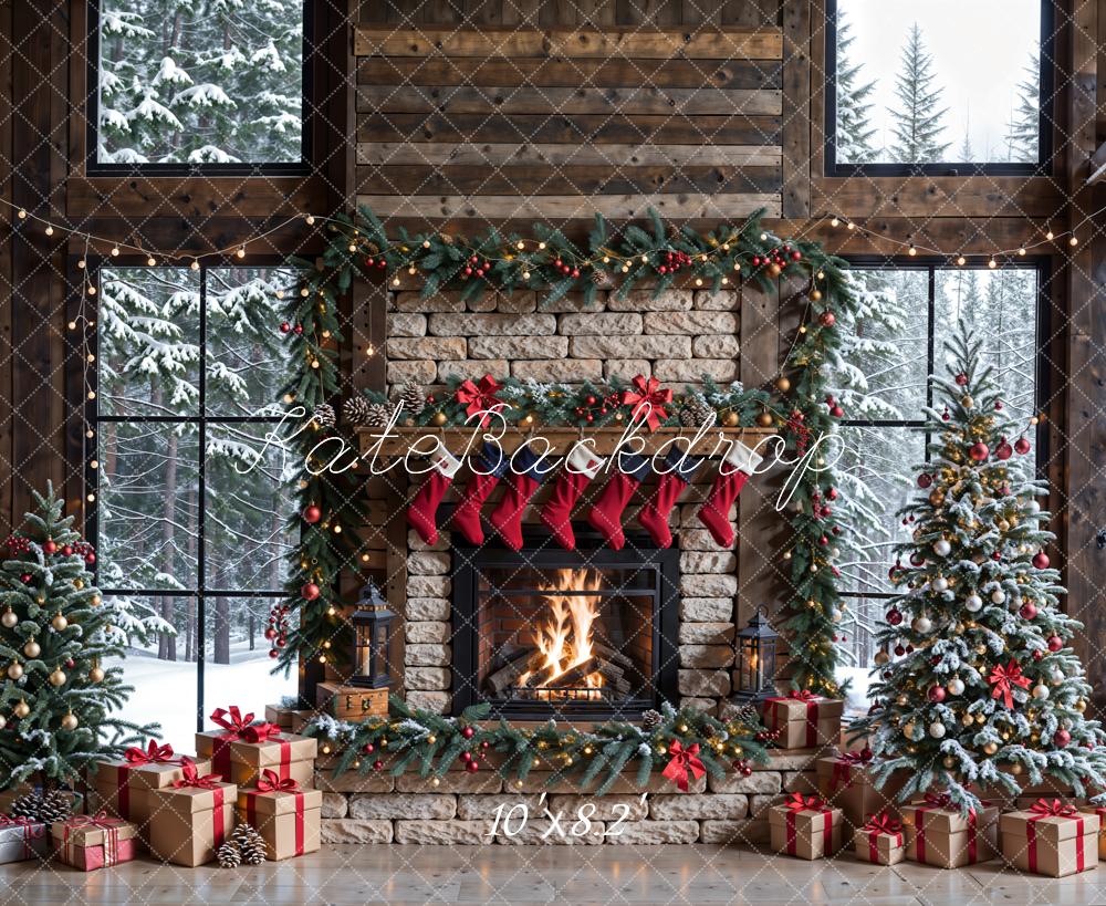 Kate Winter Christmas Brick Fireplace Brown Window Backdrop Designed by Emetselch - Image 10