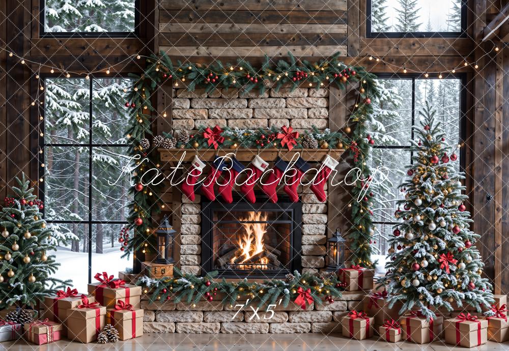 Kate Winter Christmas Brick Fireplace Brown Window Backdrop Designed by Emetselch - Image 2