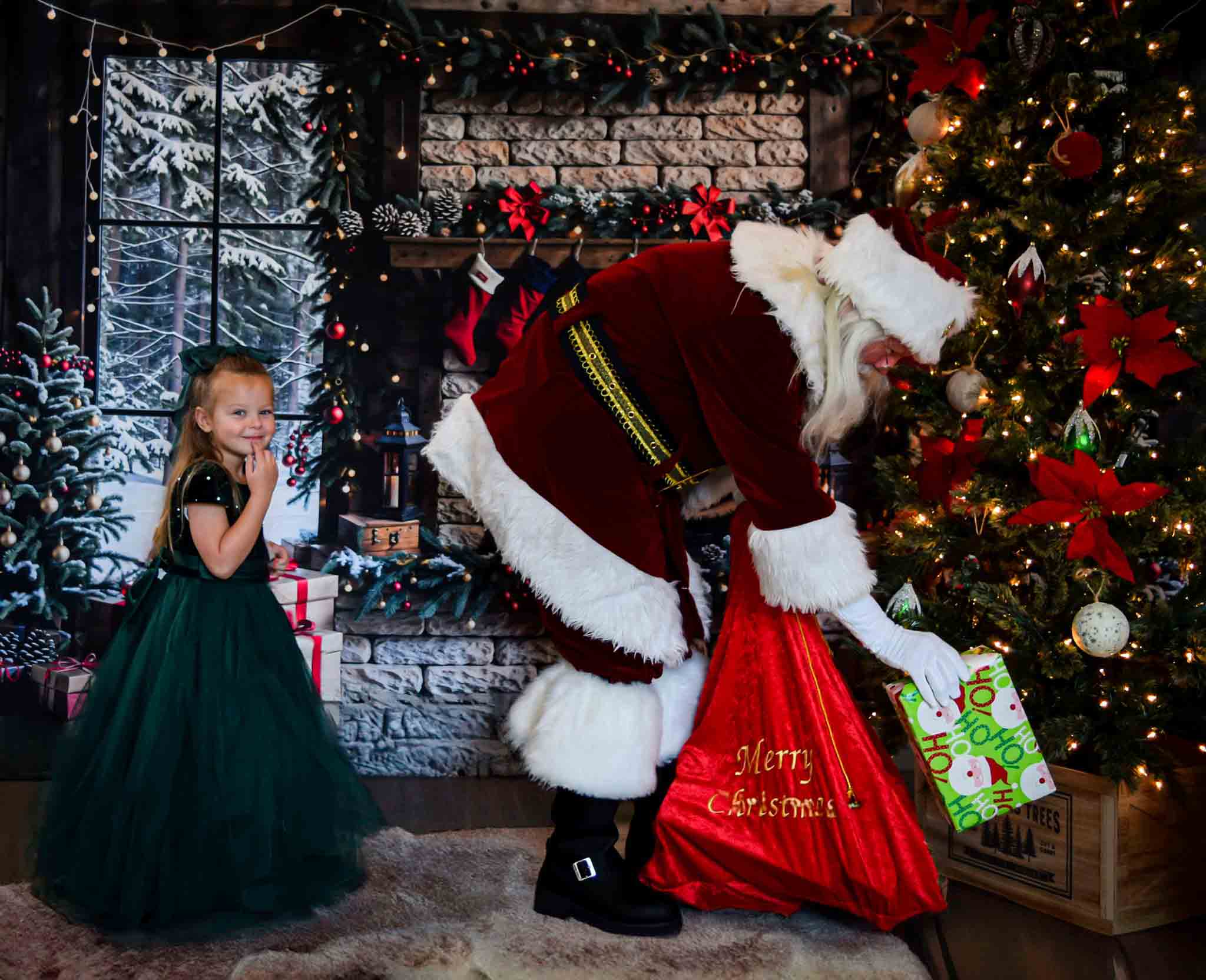 Kate Winter Christmas Brick Fireplace Brown Window Backdrop Designed by Emetselch - Image 3