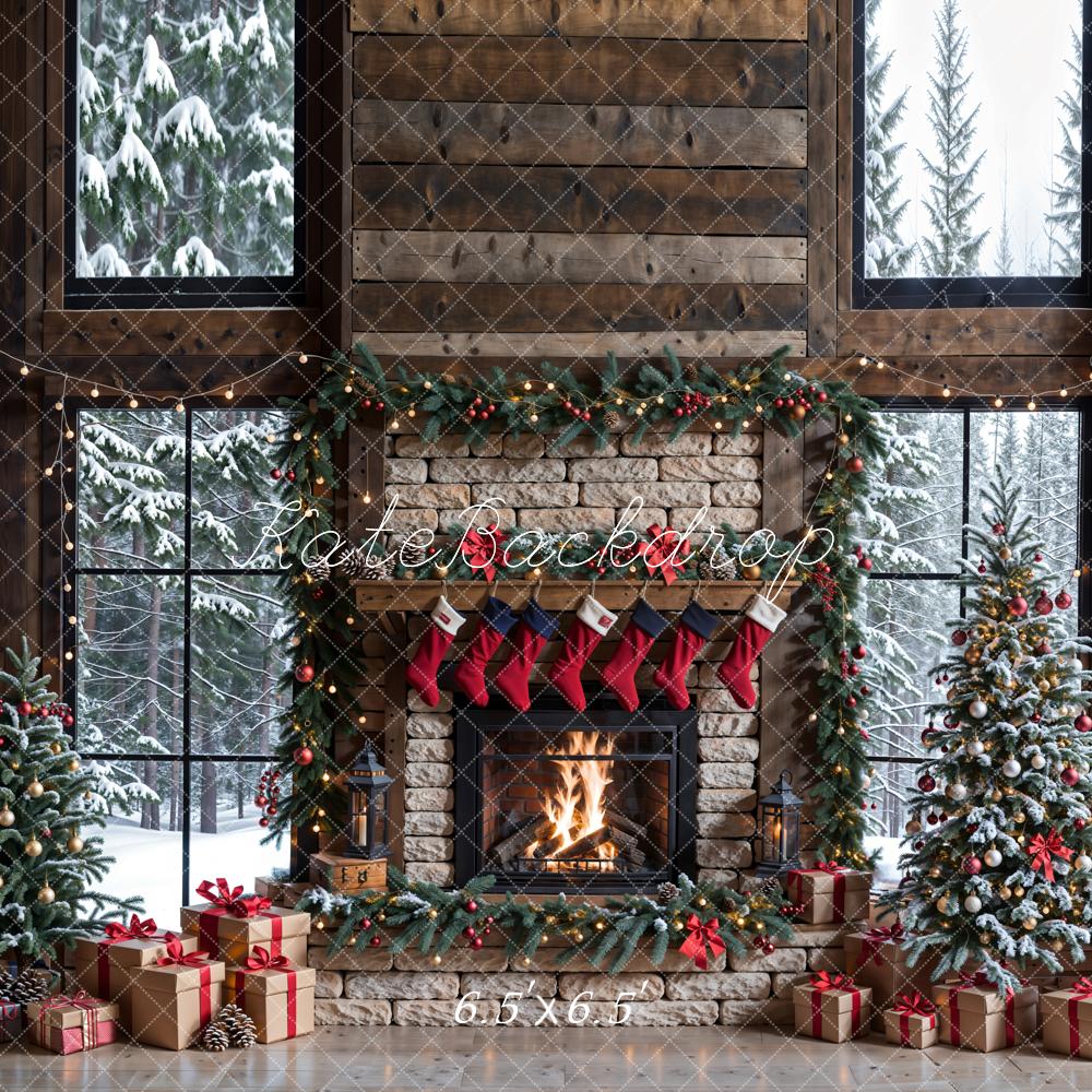 Kate Winter Christmas Brick Fireplace Brown Window Backdrop Designed by Emetselch - Image 7