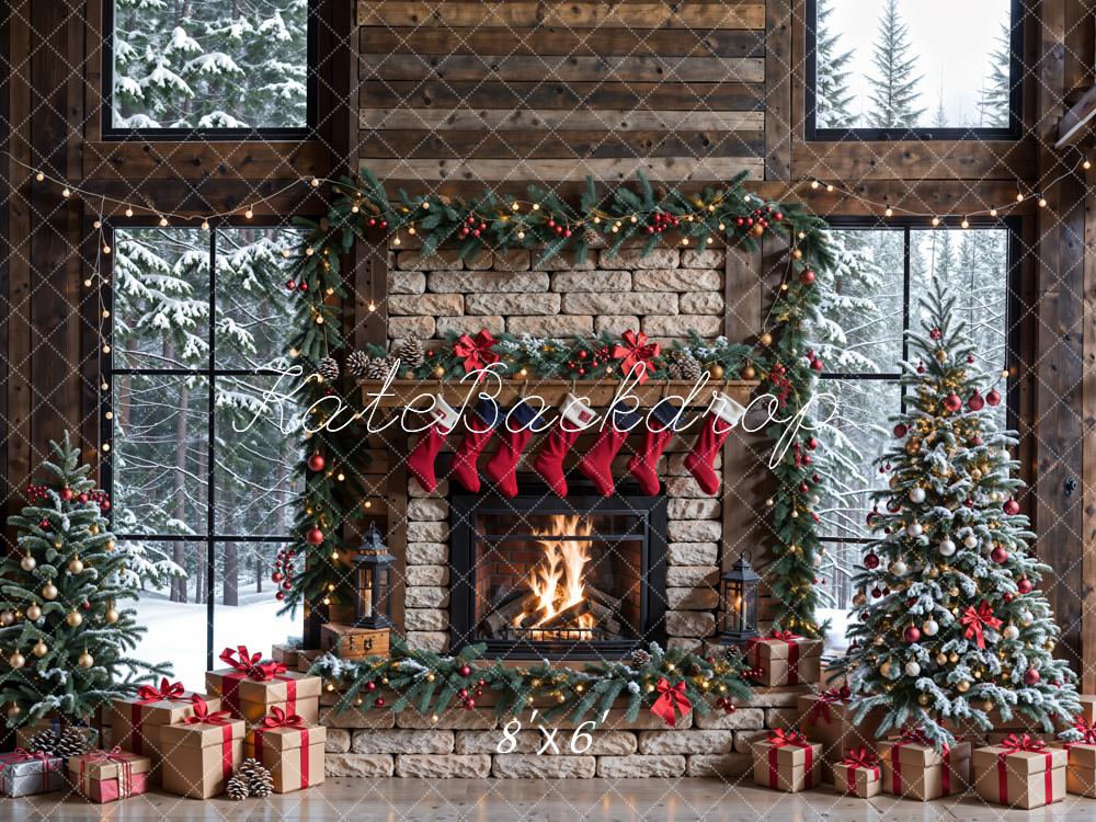 Kate Winter Christmas Brick Fireplace Brown Window Backdrop Designed by Emetselch - Image 8