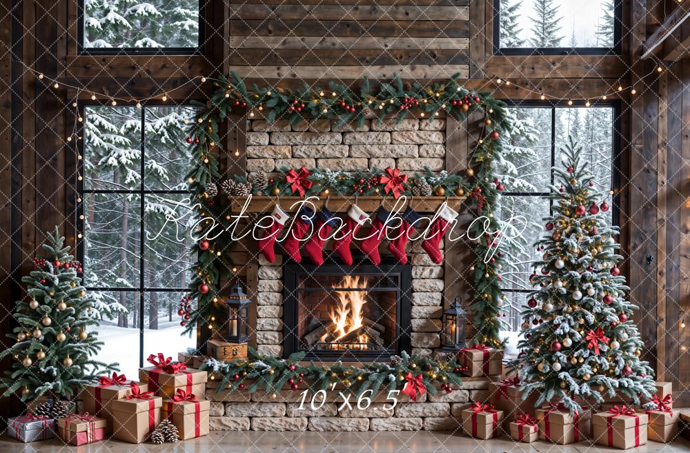 Kate Winter Christmas Brick Fireplace Brown Window Backdrop Designed by Emetselch - Image 9