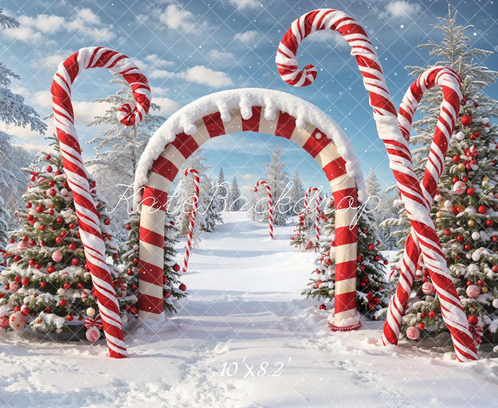 Kate Winter Christmas Forest Snow Candy Arch Backdrop Designed by Chain Photography - Image 9