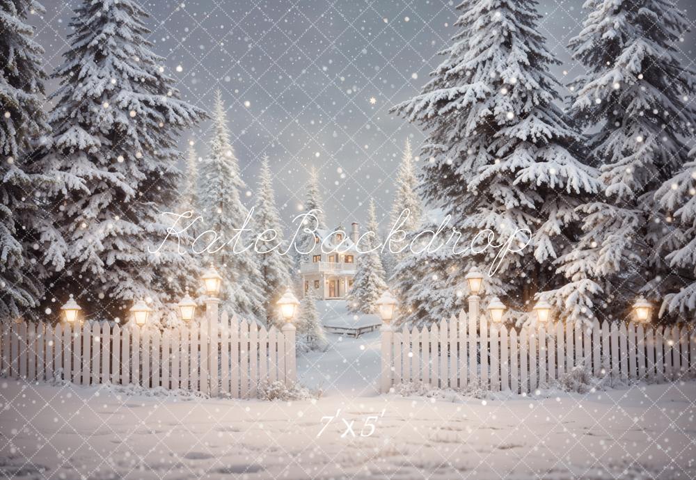 Kate Winter Christmas Forest White Fence House Backdrop Designed by Emetselch