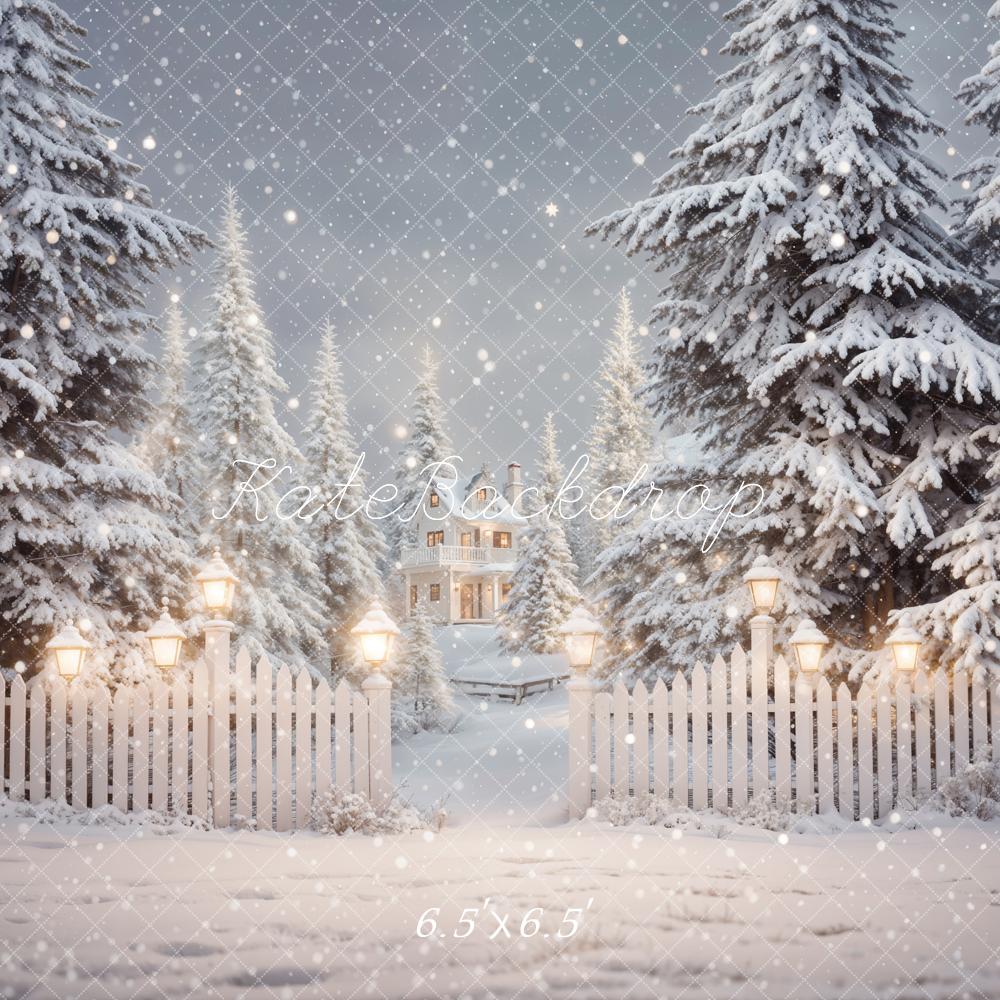 Kate Winter Christmas Forest White Fence House Backdrop Designed by Emetselch - Image 2