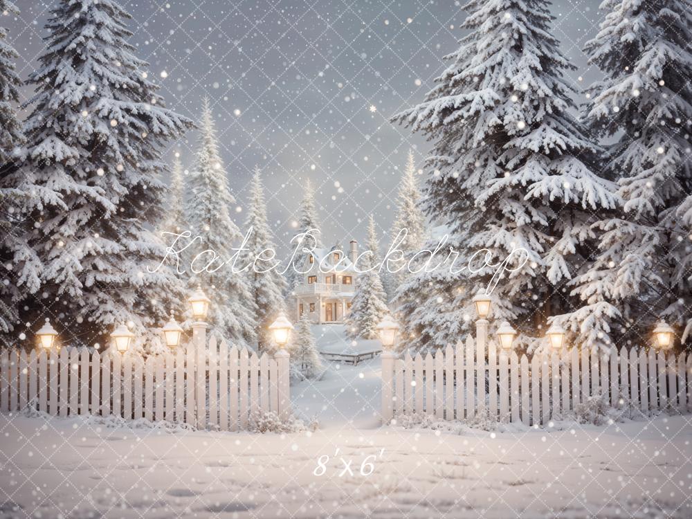 Kate Winter Christmas Forest White Fence House Backdrop Designed by Emetselch - Image 3