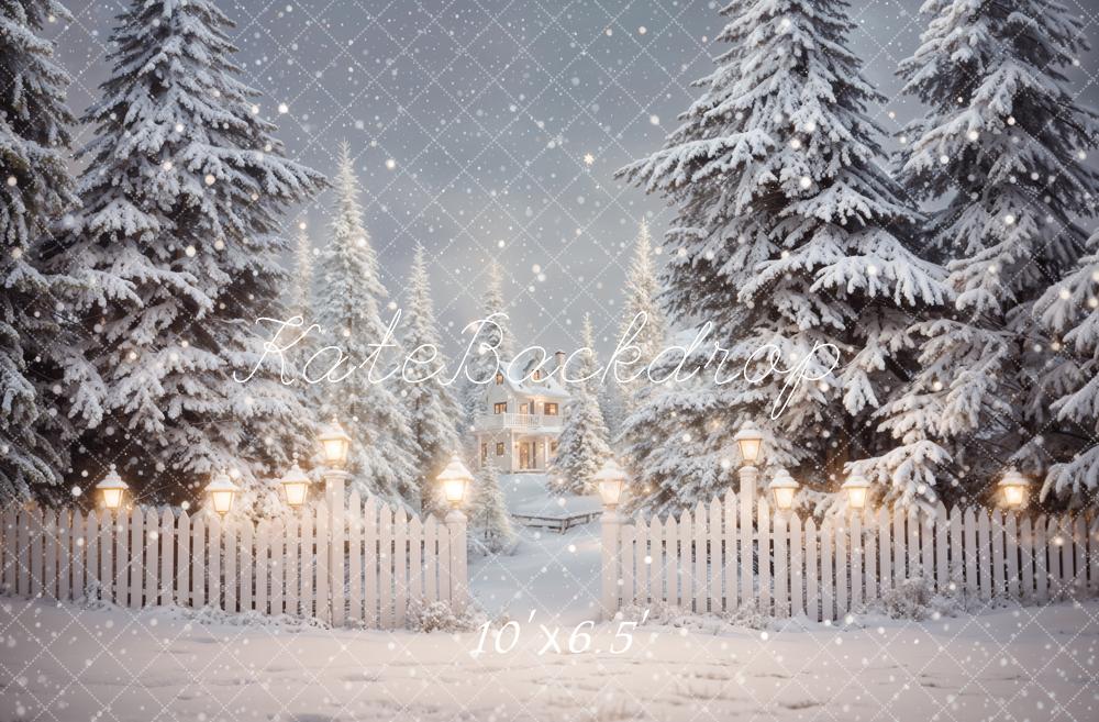 Kate Winter Christmas Forest White Fence House Backdrop Designed by Emetselch - Image 4
