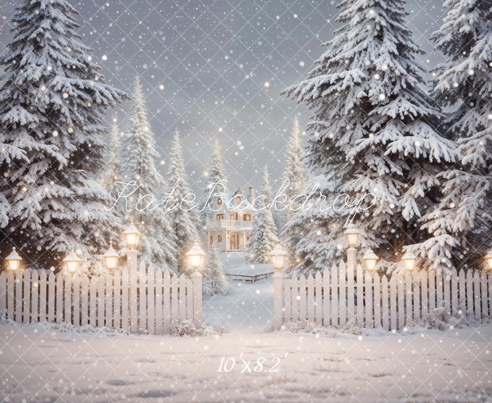 Kate Winter Christmas Forest White Fence House Backdrop Designed by Emetselch - Image 5