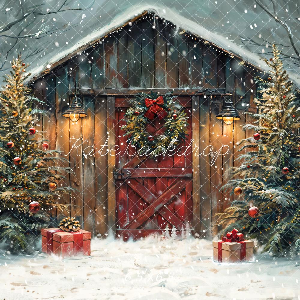 Kate Winter Christmas Night Wooden Barn House Backdrop Designed by Chain Photography - Image 2