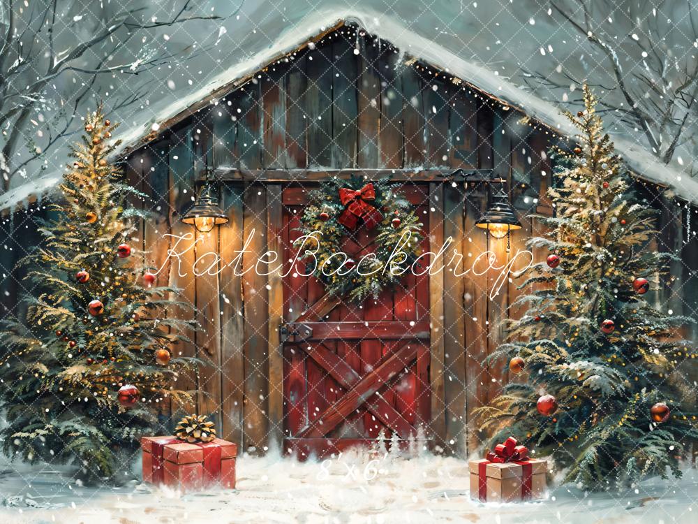 Kate Winter Christmas Night Wooden Barn House Backdrop Designed by Chain Photography - Image 3