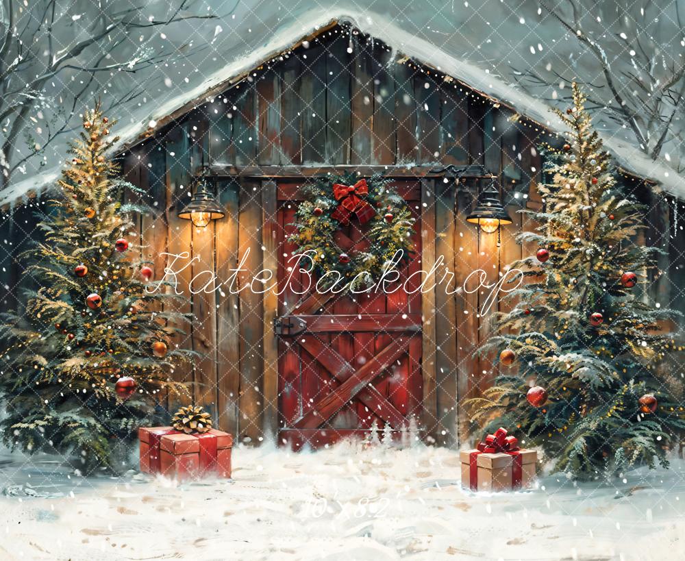 Kate Winter Christmas Night Wooden Barn House Backdrop Designed by Chain Photography - Image 5