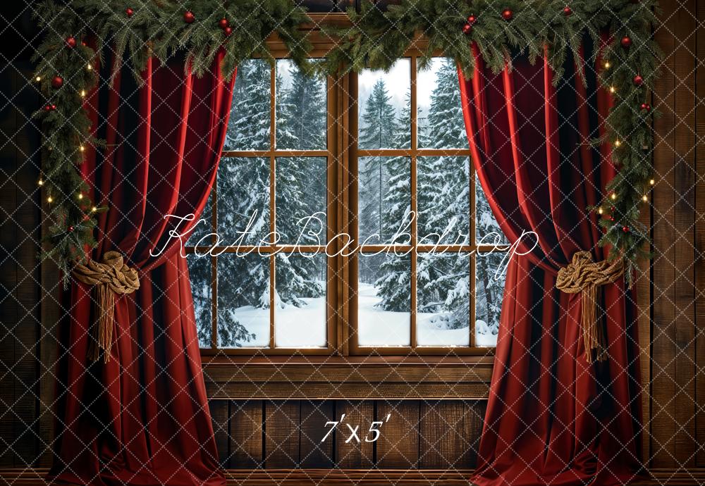 Kate Winter Christmas Red Curtain Window Backdrop Designed by Emetselch - Image 2