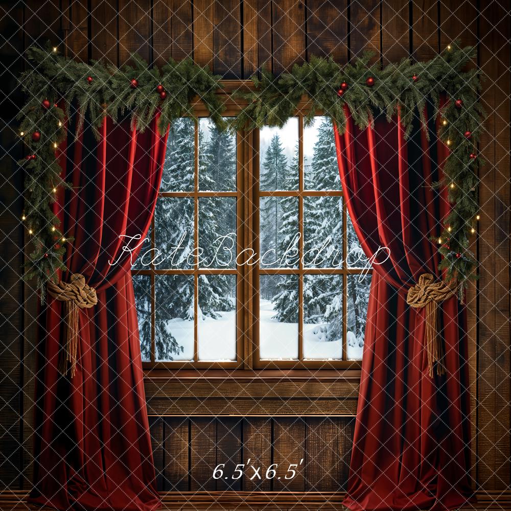 Kate Winter Christmas Red Curtain Window Backdrop Designed by Emetselch - Image 4