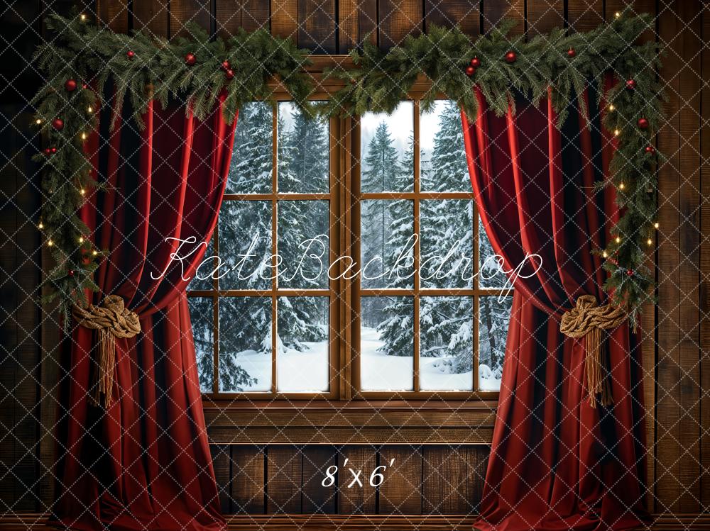 Kate Winter Christmas Red Curtain Window Backdrop Designed by Emetselch - Image 5
