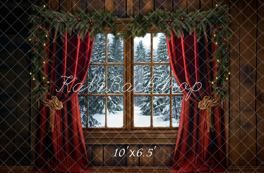 Kate Winter Christmas Red Curtain Window Backdrop Designed by Emetselch - Image 6