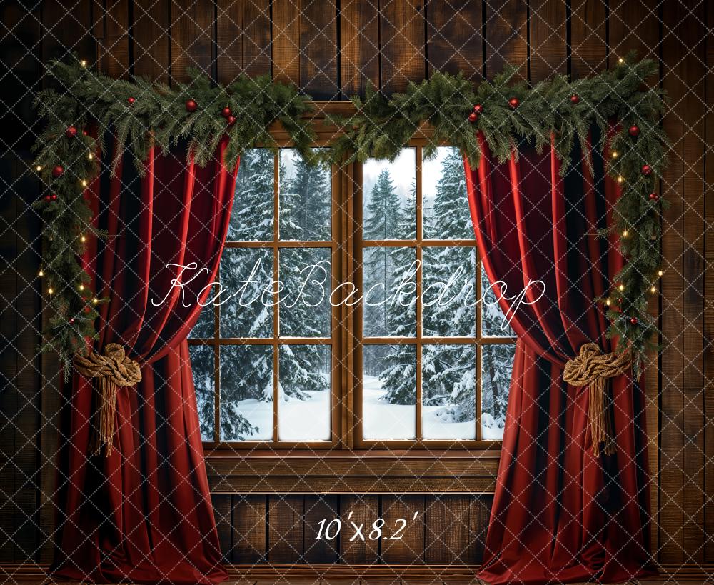 Kate Winter Christmas Red Curtain Window Backdrop Designed by Emetselch - Image 7