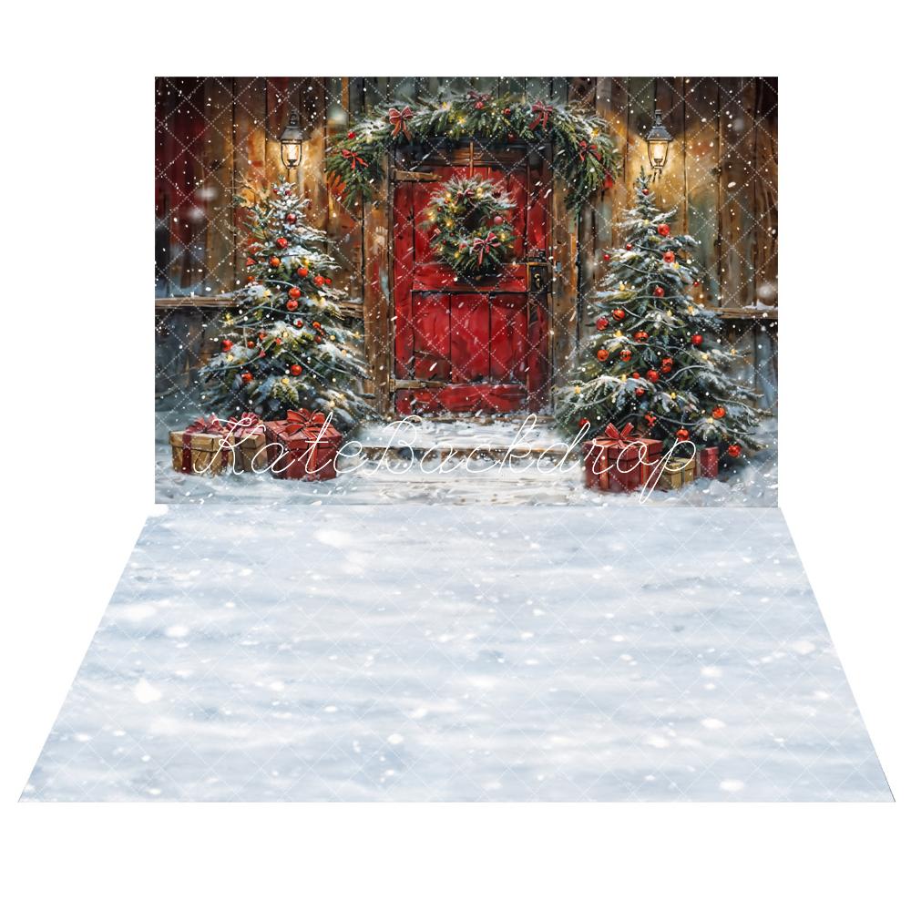 Kate Winter Christmas Red Door Wooden Cabin Backdrop+White Snow Floor Backdrop