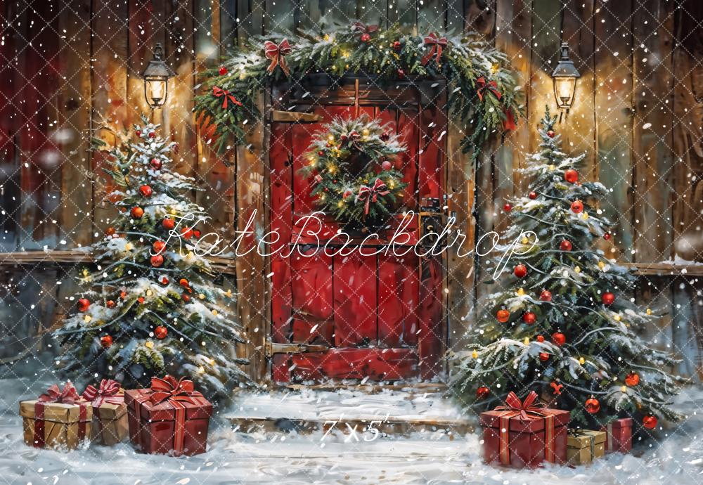 Kate Winter Christmas Red Door Wooden Cabin Backdrop Designed by Chain Photography - Image 2
