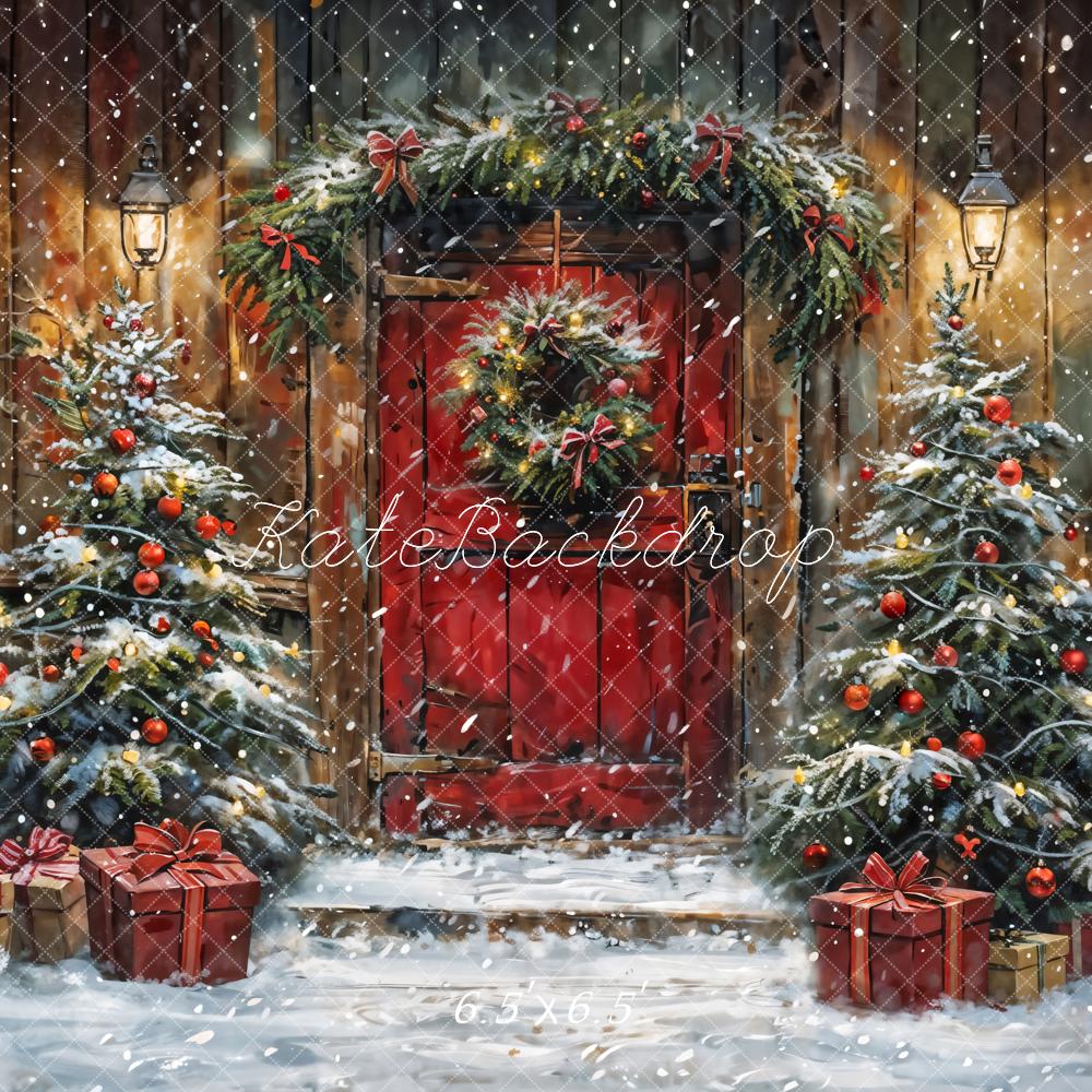 Kate Winter Christmas Red Door Wooden Cabin Backdrop Designed by Chain Photography - Image 3