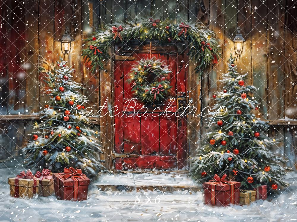 Kate Winter Christmas Red Door Wooden Cabin Backdrop Designed by Chain Photography - Image 4