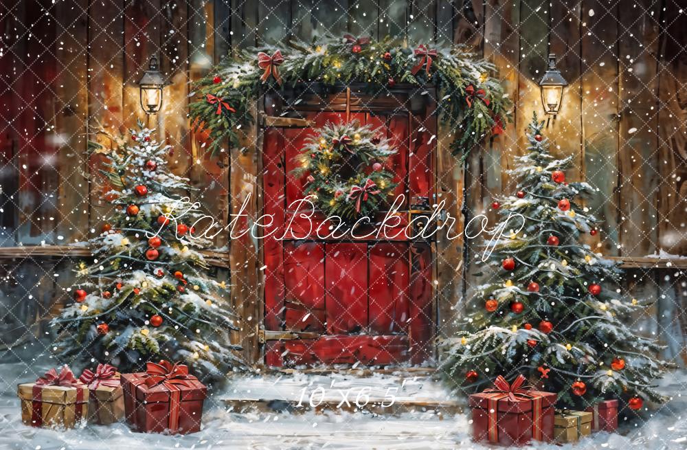 Kate Winter Christmas Red Door Wooden Cabin Backdrop Designed by Chain Photography - Image 5