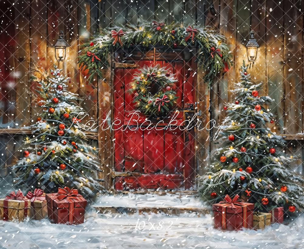 Kate Winter Christmas Red Door Wooden Cabin Backdrop Designed by Chain Photography - Image 6